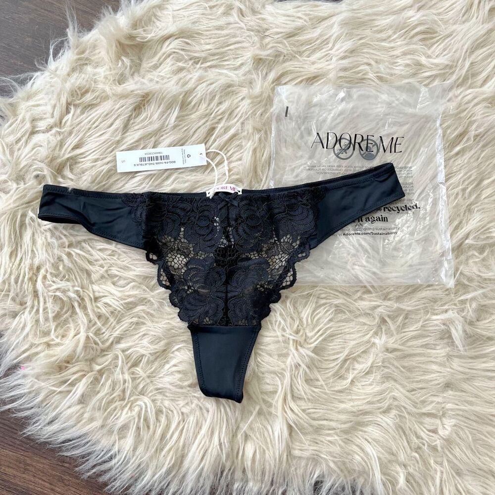 NWT Adore Me Black Lace trimmed Thong S